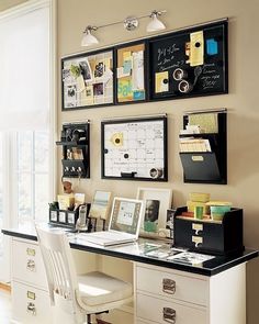 a desk with some pictures on the wall