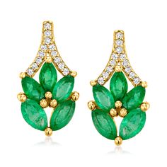 Ross-Simons - .70ct t. w. Marquise Emerald Earrings, Diamond Accents in 14kt Yellow Gold. These fabulous drop earrings offer an elegant look for a nice price. Lush .70 ct. t. w. marquise emeralds cast a deep-green hue from ornamental clusters as sparkling diamond accents twinkle above. Finely crafted in polished 14kt yellow gold. Post/clutch, marquise emerald earrings. Emerald birthstones are the perfect gift for May birthdays. Emerald And Gold Earrings, Green Marquise Earrings For Formal Occasions, Elegant Green Marquise Earrings, Marquise Earrings, Emerald Diamond Earrings, Mini Jewelry, Emerald Birthstone, Earrings Emerald, Nice Nails