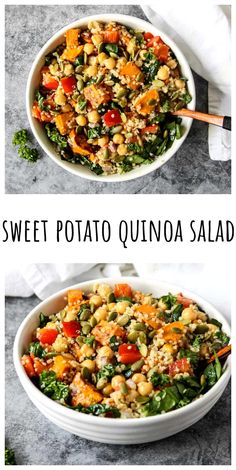 two bowls filled with different types of food and the words sweet potato quinoa salad