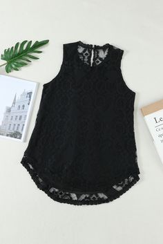 Black Lace Hollow Out Sleeveless T-shirt Cotton Lace Tops, Lace Splicing, Sequin Shorts, Sleeveless T Shirt, Black Tank Top, Cable Knit Cardigan, Floral Jumpsuit, Crochet Trim, Sleeveless Tshirt