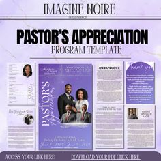 the pastor's appreciation program is displayed in front of a purple and white background