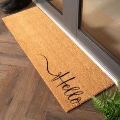 a welcome mat with the word hello written on it next to a door and potted plant