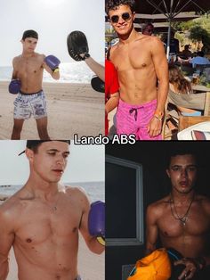 three different pictures of a shirtless man on the beach, one with boxing gloves and one without