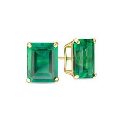 She’ll appreciate the stylish good looks of these fashion solitaire stud earrings. Crafted in 10K gold, each earring dazzles with a bold 9.0 x 7.0mm emerald-cut lab-created verdant-green emerald. Buffed to a brilliant luster and certain to please, these post earrings secure comfortably with friction backs. Classic Green Diamond Cut Earrings, Elegant 14k Gold Solitaire Earrings, Classic Gemstone Earrings For May Birthstone, Classic 14k Gold Earrings For May Birthstone, 14k Gold Solitaire Earrings, Elegant Gold Solitaire Earrings, 14k Yellow Gold Solitaire Earrings, Gold Diamond Earrings Studs, Emerald Earrings Studs