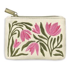 Experience the joy and charm of nature with every use of this intricately embroidered Flower Market Coin Pouch. Keep small things handy, organized and secure with this gorgeous embroidered pouch. Several vibrant options of Market Daisy, Camellia, Tulip, Aster and Poppy. Printed canvas pouch with lining and gold metal zipper pull 5" x 3.5" Embroidered Pouch, Sweet Accessories, Cute Wallets, Embroidered Canvas, Sewing Class, Coin Bag, Love Sewing, Needlepoint Canvases, Quilt Kits