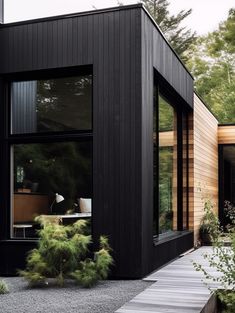 a modern house with black siding and windows