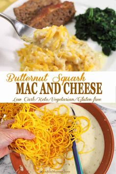 butternut squash mac and cheese is served on a plate with parmesan cheese