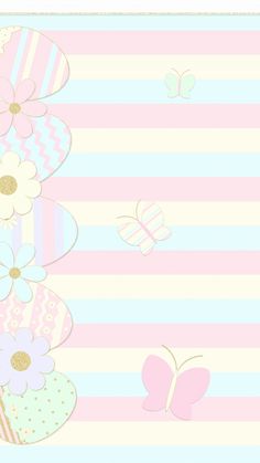 a pink and blue striped wallpaper with flowers, butterflies and hearts on the side