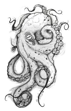 an ink drawing of an octopus with bubbles on it's head and tentacles in the water