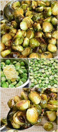 brussels sprouts are being cooked in the pan and then put into the pot