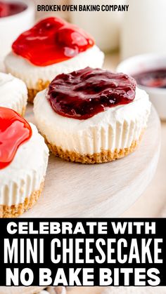 mini cheesecakes with no bake bites are on a plate and the title reads celebrate with mini cheesecakes no bake bites