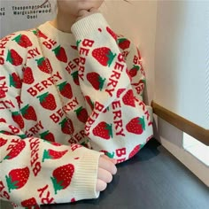 Loose Sweater Outfit, Strawberry Sweater, Strawberry Aesthetic, Vintage Strawberry, Strawberry Print, Cole Sprouse, Loose Sweater, Kawaii Clothes, Kawaii Fashion