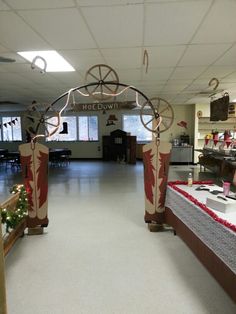 the inside of a building decorated with decorations