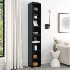 a tall black bookcase in a living room