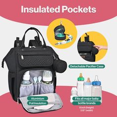 an insulated pocket is packed with baby bottles and diapers in the bottom compartment