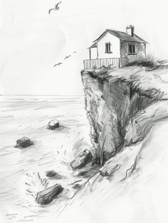 a drawing of a house sitting on top of a cliff