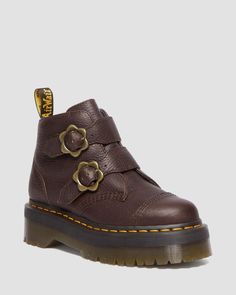 Devon Flower Buckle Grizzly Leather Platform Boots | Dr. Martens Sepatu Platform, Brown Dr Martens, Leather Platform Boots, Yellow Heels, Funky Shoes, Shoe Inspo, Swag Shoes, Pretty Shoes