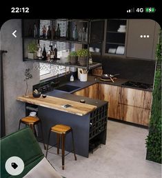 an image of a kitchen setting with stools and counter top in the middle,