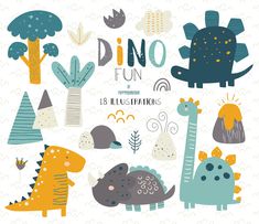 an illustration of dinosaurs and trees with the words dino fun written in large, bold letters