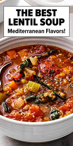 Lentil soup recipe with Mediterranean flavors. Vegetarian Soup And Stew Recipes, Split Lentil Soup, Smitten Kitchen Lentil Sausage Soup, Best Fall Soups Healthy, Mediterranean Lentil Soup Crockpot, Veggie And Lentil Soup, Lentil Chorizo Soup, Fall Recipe Vegetarian, Seasonal Meals Fall