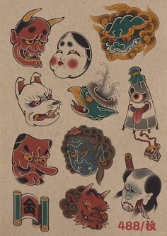 an old school japanese tattoo sticker sheet with various designs on it's back