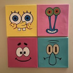 four square paintings with faces painted on them