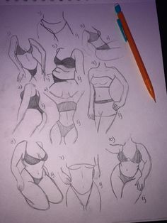 the drawing shows different types of bikinis and bras, with pencil on paper next to it