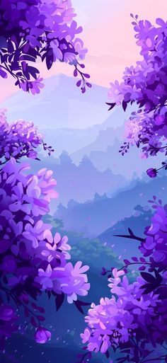 purple flowers are blooming in the air and trees with mountains in the back ground