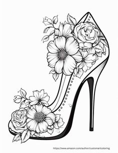 a high heeled shoe with flowers and leaves on the side, in black and white