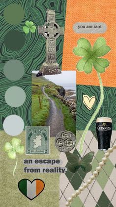 collage with irish symbols, shamrocks and a cross on the top of it