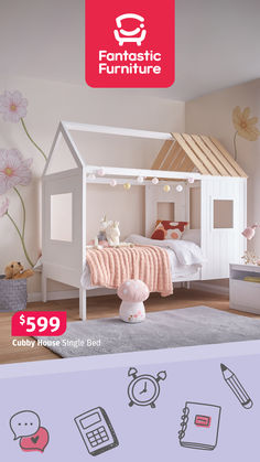 an advertisement for a children's furniture store featuring a doll house bed and toys