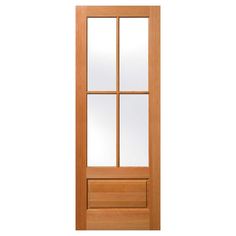 a wooden door with glass panels on the side