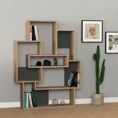 a bookshelf sitting in the corner of a room next to a potted cactus