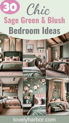 bedroom decor with pink and green colors on the walls, bed linens and pillows