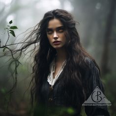 a woman with long hair standing in the woods