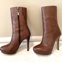 Gorgeous Shade Of Cognac Brown Leather In Great Used Condition (See All Photos). Very Comfortable Mid Calf Boots With Easy Side Zipper. Elastic Stretch Top For Extra Calf Room If Needed. 70s Vibes Platforms! Approx Measurements Heel 4.5” Platform 1” 70s Vibes, High Heel Platform, Alexandre Birman, Stretch Top, Leather High Heels, Calf Boots, Mid Calf Boots, Mid Calf, Cognac