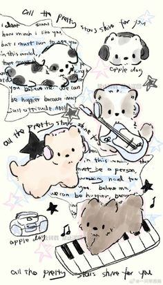 a drawing of teddy bears and musical instruments