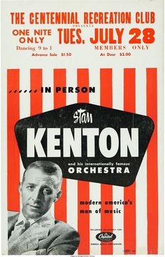 an old concert poster for kenton orchestra, with the name in red and white stripes