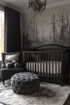 Subtle Shadows creates a muted, cozy atmosphere in a Western Gothic nursery, using soft blacks and grays with shadowy motifs in textiles and decor. The result is a sophisticated and soothing space. Click here to discover how to design a nursery with Subtle Shadows. All Black Nursery, Victorian Goth Nursery, Goth Rocking Chair, Black Themed Nursery, Dark Modern Nursery, Adams Family Nursery, Black Rocking Chair Nursery, Gothic Cat Bed, Goth Nursery Ideas Victorian