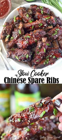 an image of slow cooker chinese spare ribs with sauce and herbs in the background