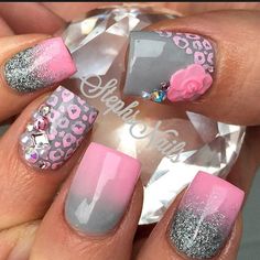 @_stephsnails_ Zebra Nail Art, Flare Nails, Fantasy Nails, Ombre Nails Glitter, Bright Nails, Pink Nail Designs, Pink Acrylic Nails, Silver Nails