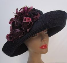 High quality soft chenille hat from Eric Javits New York. Packable and water repellant. Deep rich purple color with rounded mushroom crown and wide posable pliable brim. Exquisite purple velvet floral and clipped feather nosegay. Elegant beauty, perfect church, weddings, races, derby. Condition:  Very good vintage condition, slight wear inside band, some misshape. See photos. Size: Measures 21-1/2" inside grosgrain ribbon circumference, 16" inside diameter side to side, 5" brim width at front, 3-1/2" tall crown height, 10" diameter floral.  Please email any questions you may have. And take a peek at my other millinery beauties here: https://www.etsy.com/shop/FabulousVintageHats?section_id=10867829&ref=shopsection_leftnav_1 Mushroom Crown, Tall Crown, Church Weddings, Elegant Beauty, Rich Purple, Purple Velvet, Brim Hat, Grosgrain Ribbon, Sun Hats