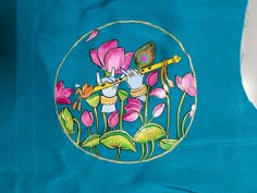 an image of a person playing flute in the middle of flowers on a blue background