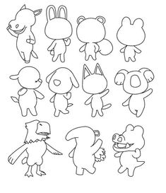 an animal crossing game with many different animals and their names in black and white, including the