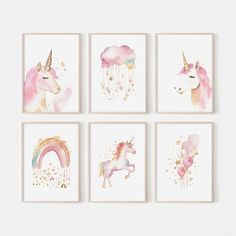 four watercolor unicorns are hanging on the wall