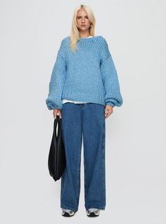 Sweater   Cable knit material, round neckline, drop shoulders, baloon sleeves, oversized fitting   Good stretch, unlined   100% acrylic   Cold hand wash Blue Textured Knit Cropped Sweater With Crew Neck, Blue Oversized Chunky Knit Sweater, Oversized Blue Chunky Knit Sweater, Oversized Knit Cropped Sweater With Crew Neck, Oversized Blue Cropped Sweater, Casual Sweater With Textured Knit And Balloon Sleeves, Casual Textured Knit Sweater With Balloon Sleeves, Blue Drop Shoulder Sweater With Ribbed Cuffs, Oversized Chunky Knit Crew Neck Cropped Sweater