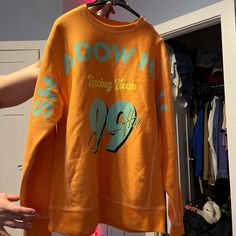 Nwot Never Worn Orange Graphic Print Sporty Sweatshirt, Orange Sporty Sweatshirt With Graphic Print, Sporty Orange Sweatshirt With Graphic Print, Casual Orange Crew Neck Sweatshirt, Spring Orange Crew Neck Sweatshirt, Blue Orange, Color Blue, Womens Tops, Sweatshirts Hoodie