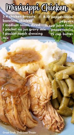 A plate with mashed potatoes, green beans, and Mississippi chicken, with the list of ingredients in the foreground of the photo. Crock Pot Pork Ribs, Mashed Potato And Gravy, Meatballs Pork, Mississippi Chicken, Classic Pot Roast, Crock Pot Pork, Au Jus Gravy, Recipes With Ingredients, Food For Family