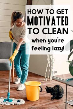 a woman is cleaning the floor with a mop and a bucket in front of her