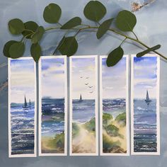 four watercolor paintings of sailboats in the ocean with green leaves hanging from them